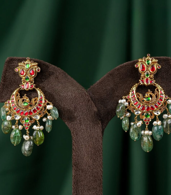 Royal Chandbali Earrings with Emerald Green & Ruby Red Stones