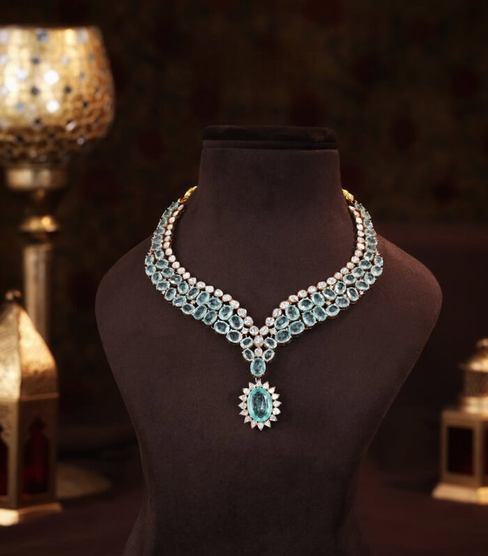 Exquisite Blue Gemstone Necklace with Diamond Accents