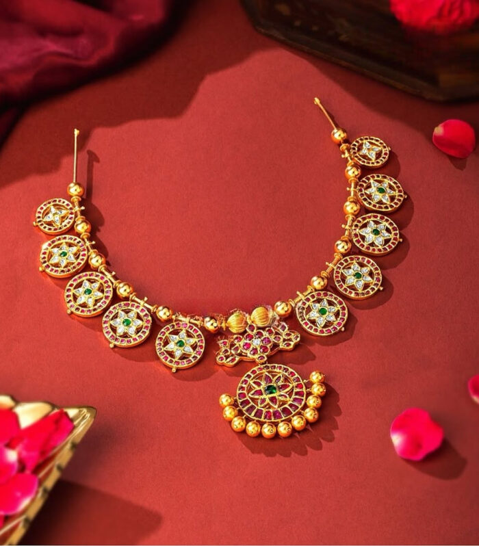Elegant Gold Necklace with Ruby & Emerald Accents